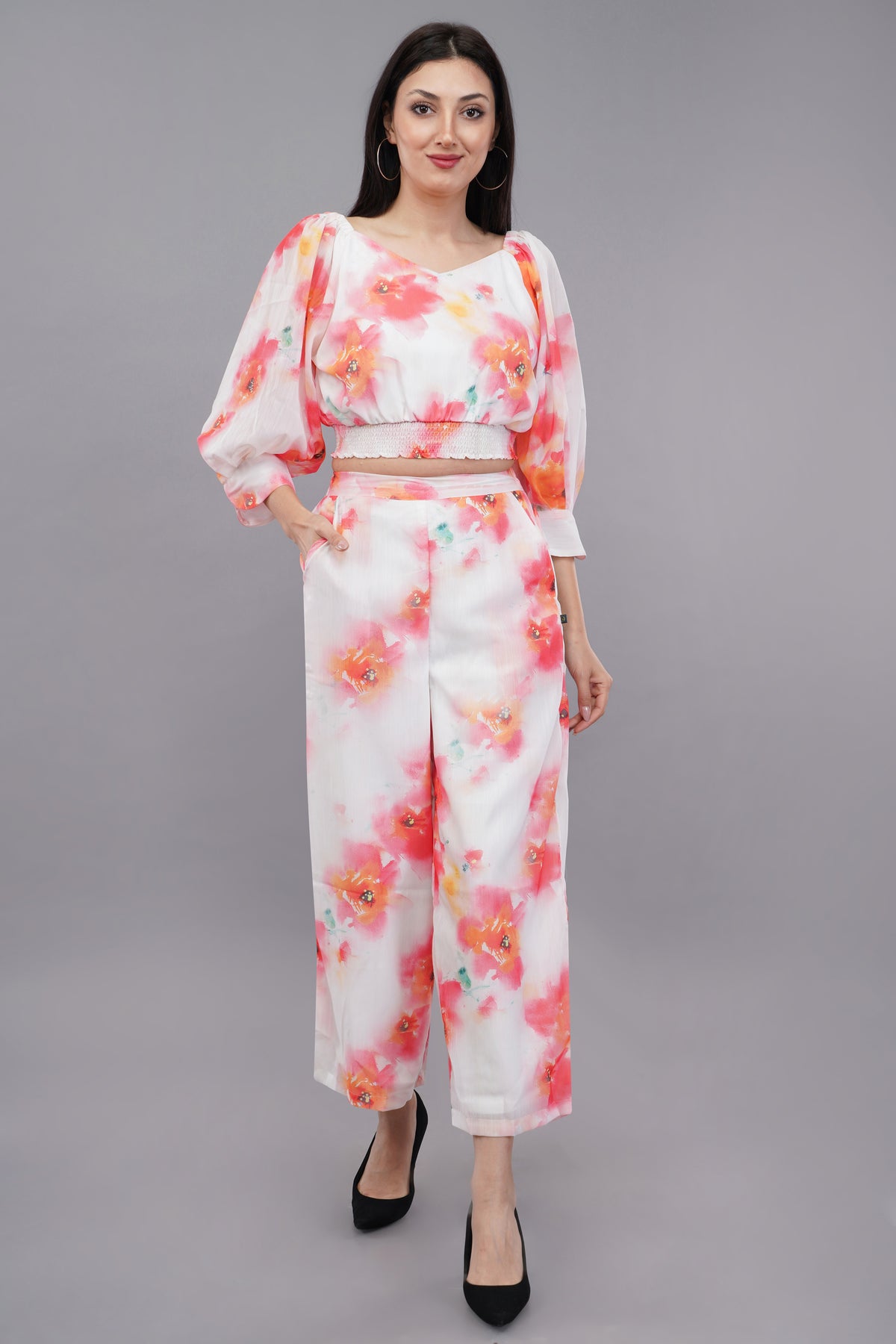 White Floral Print Plazzo For Women