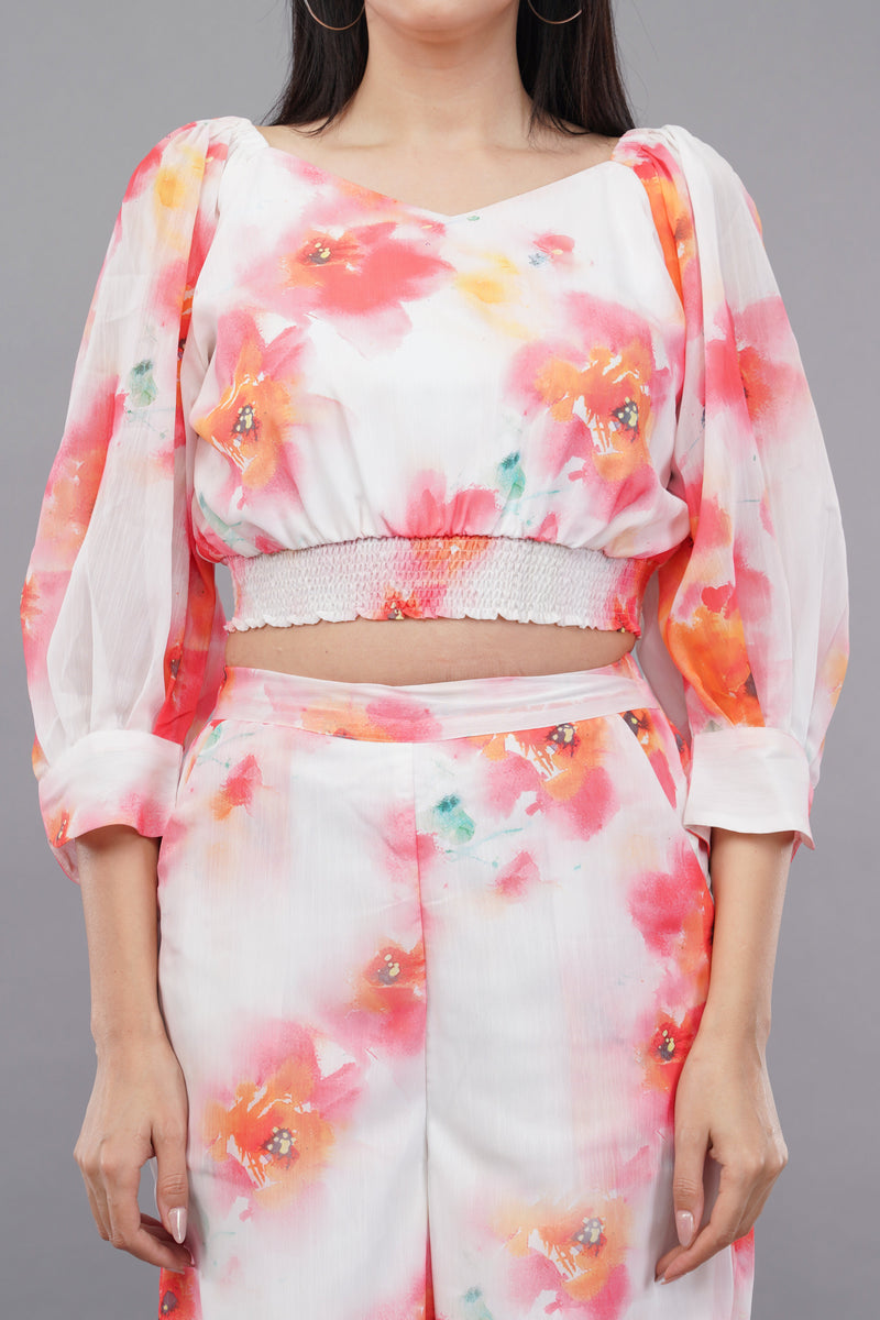 White Floral Printed Cropped Top