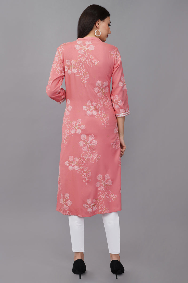 Peach Printed Rayon Mandarin Women's Kurta