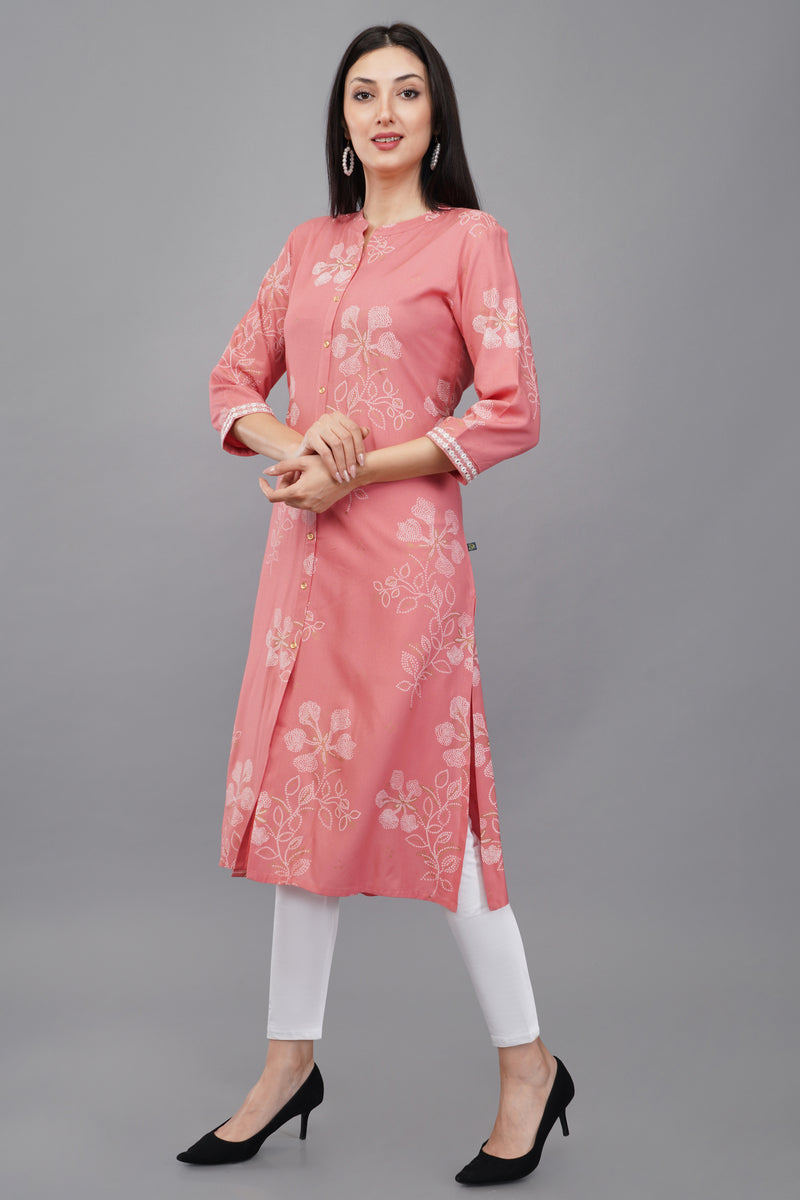 Peach Printed Rayon Mandarin Women's Kurta