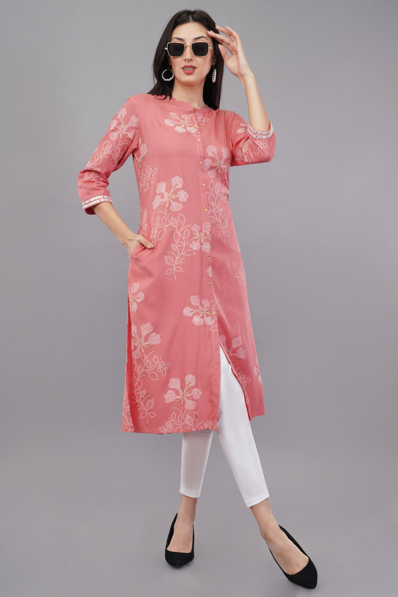 Peach Printed Rayon Mandarin Women's Kurta