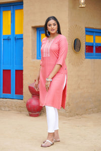 Embroidered Notched-Neck Straight Kurta