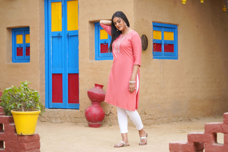 Embroidered Notched-Neck Straight Kurta