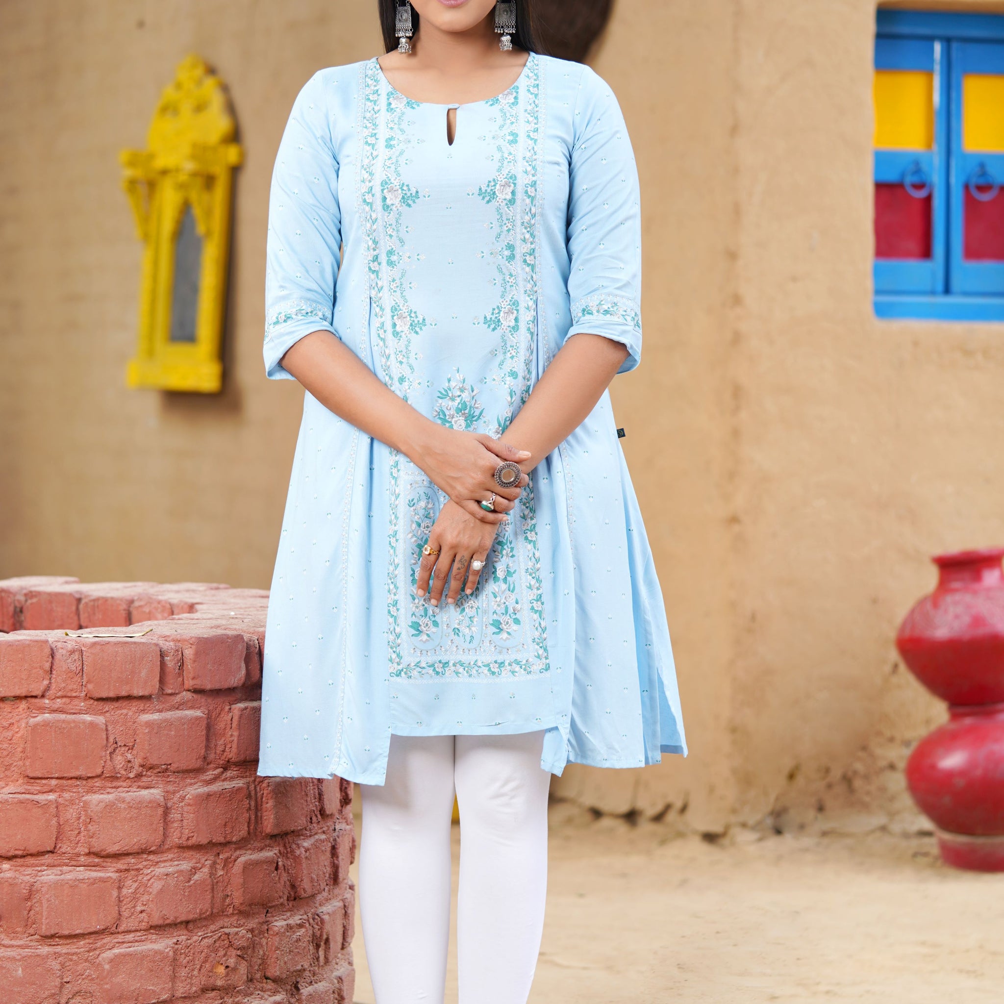 Blue Glitter Printed A-Line kurta