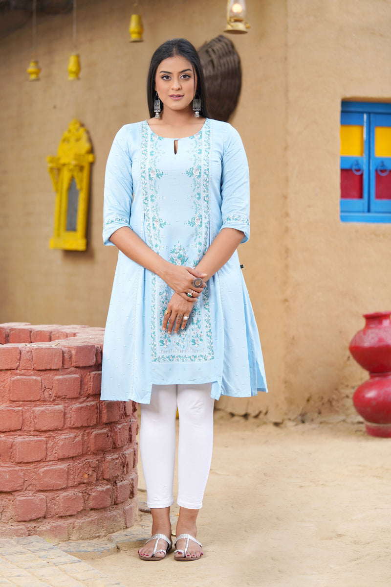 Blue Glitter Printed A-Line kurta