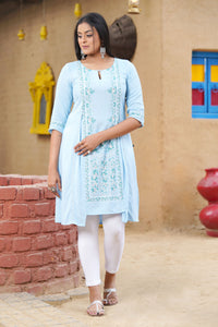 Blue Glitter Printed A-Line kurta