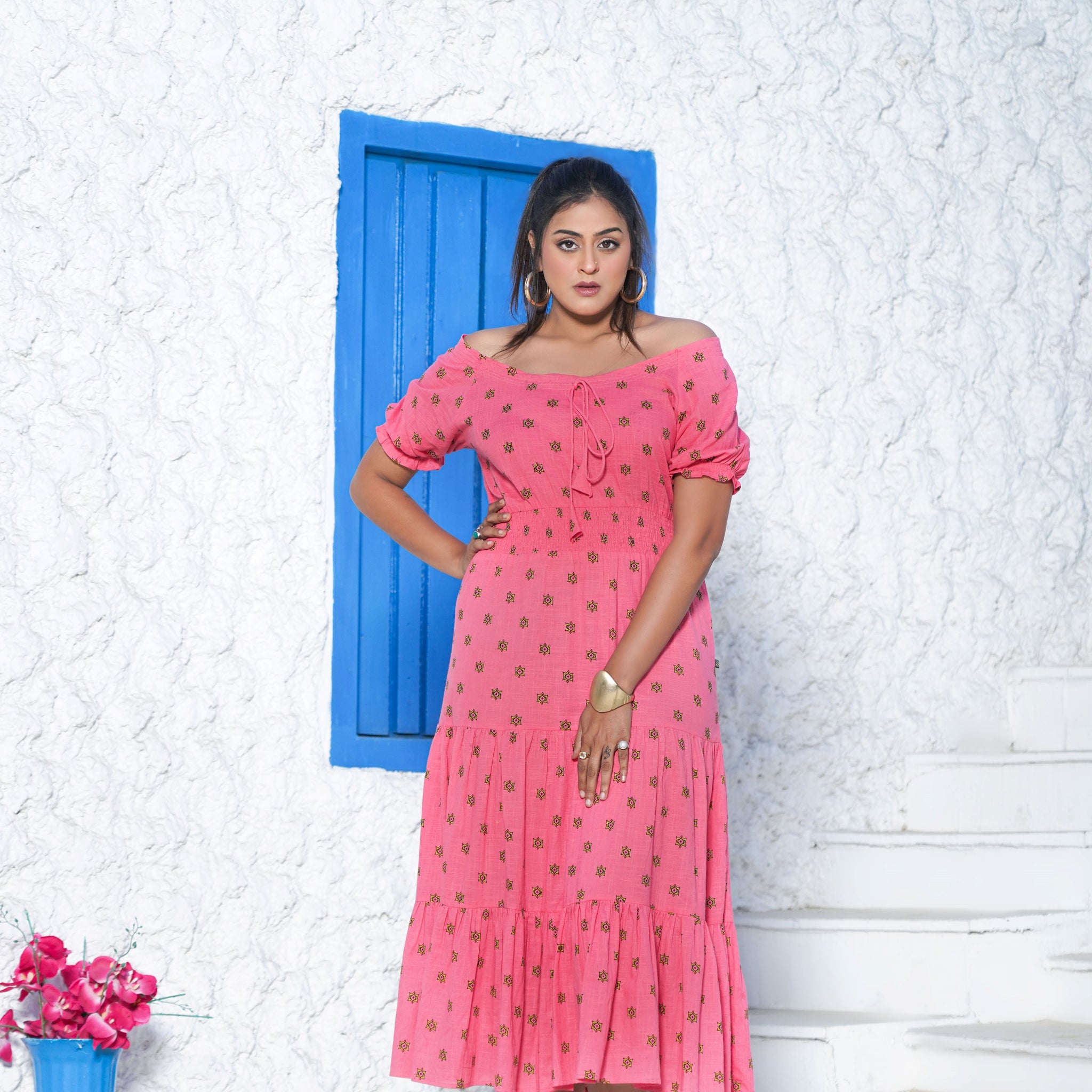 Bombay Paisley Pink Ikkat Printed Tiered Dress