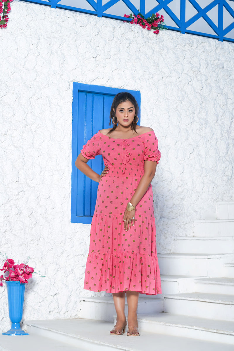 Bombay Paisley Pink Ikkat Printed Tiered Dress