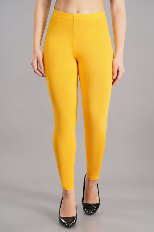 Elegant Women Solid Cotton Lycra Super Quality Ankle Length Leggings Black,  Yellow Pack of 2