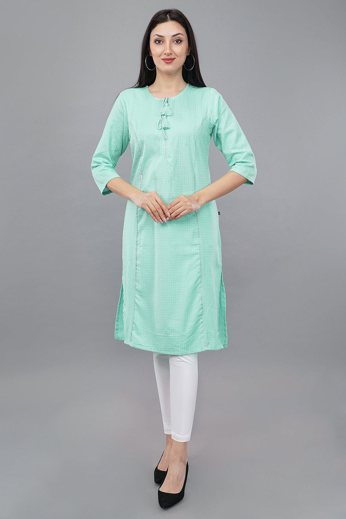 Polka-Dot Print Straight Kurta with Tie-Up Neck