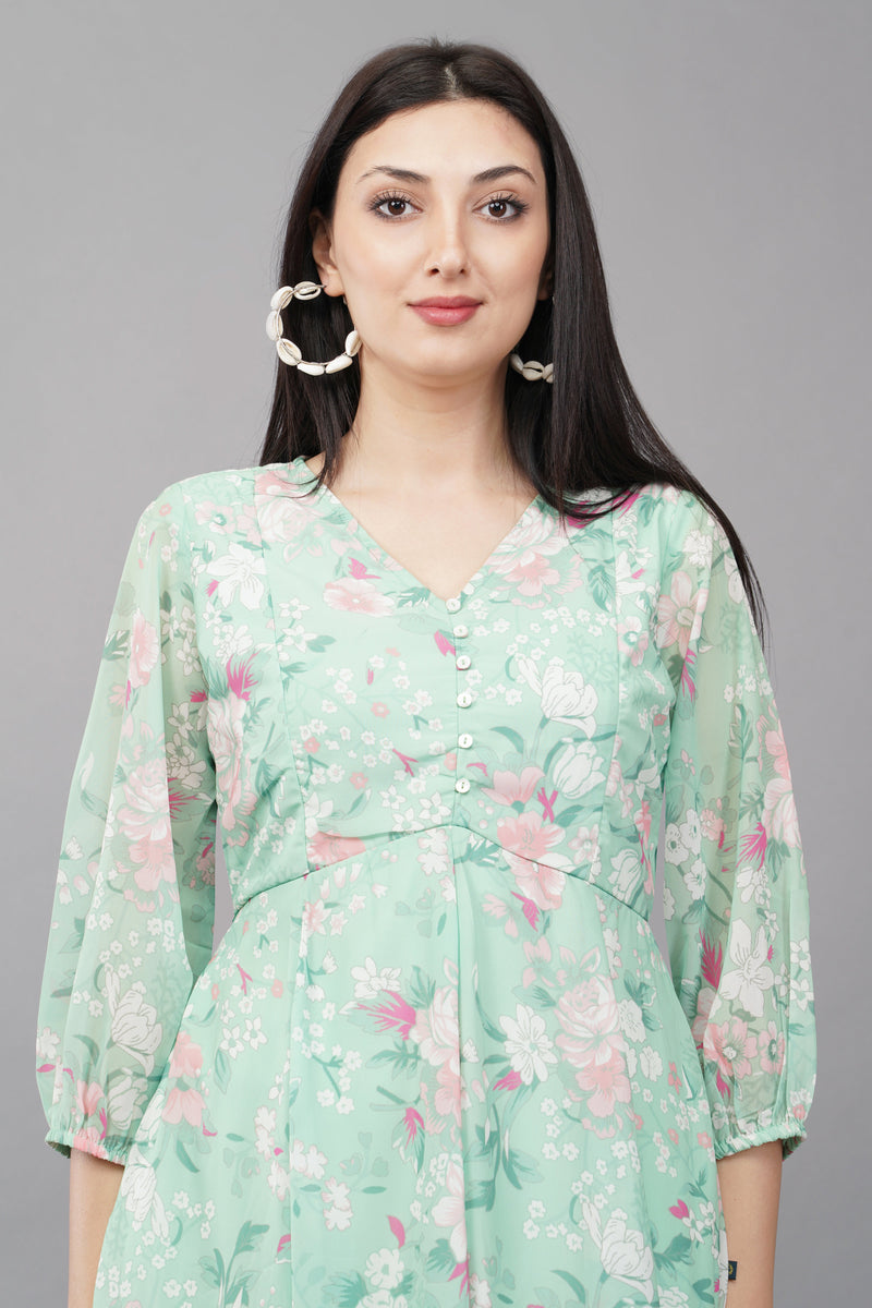 Green Floral Flared Dress