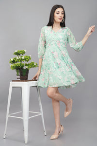 Green Floral Flared Dress