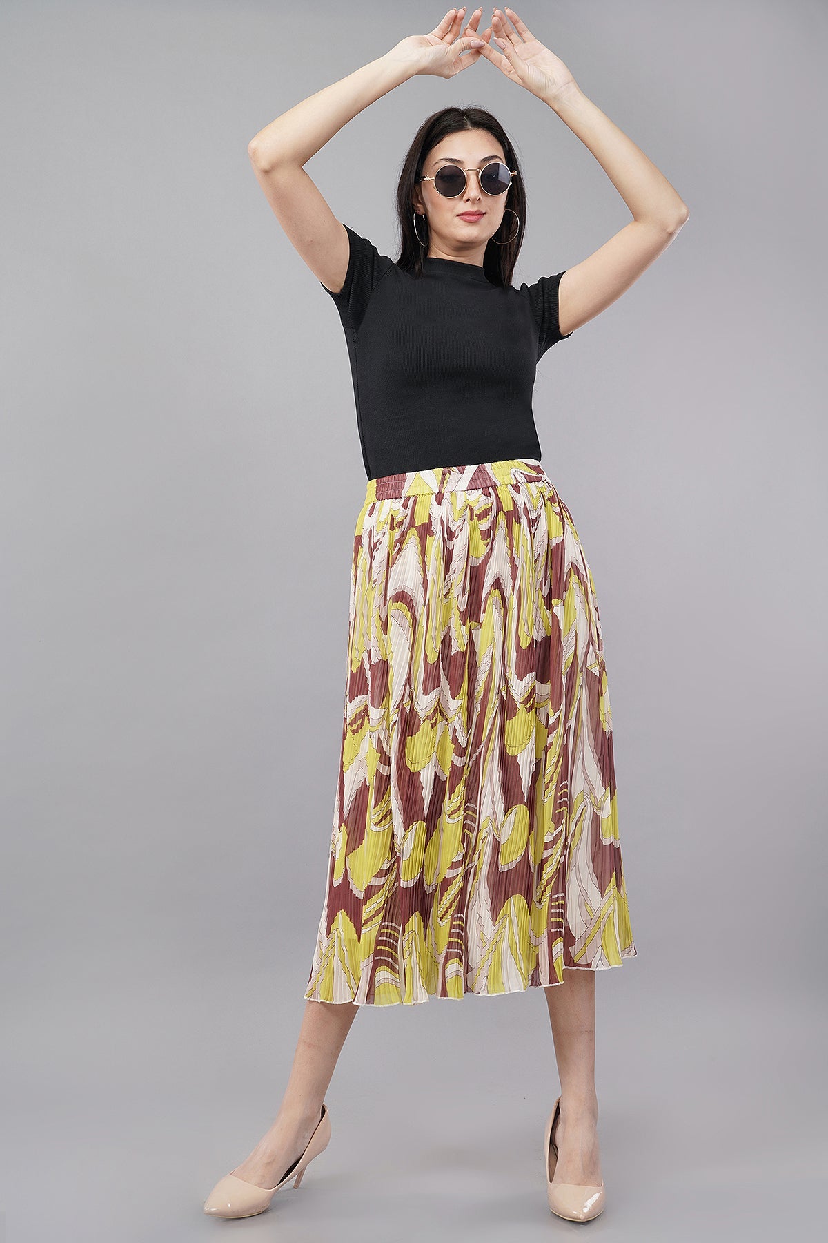 Wardrobe Printed Pleated Lime-Colored Skirt