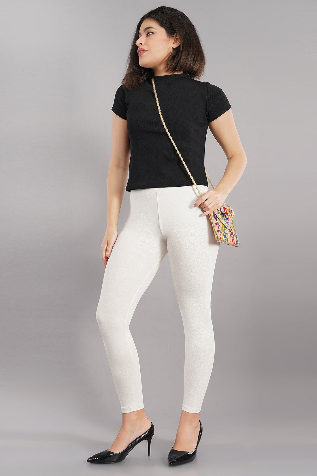 Shruthi Ankle Length Leggings with elasticated Waist||OFF WHITE