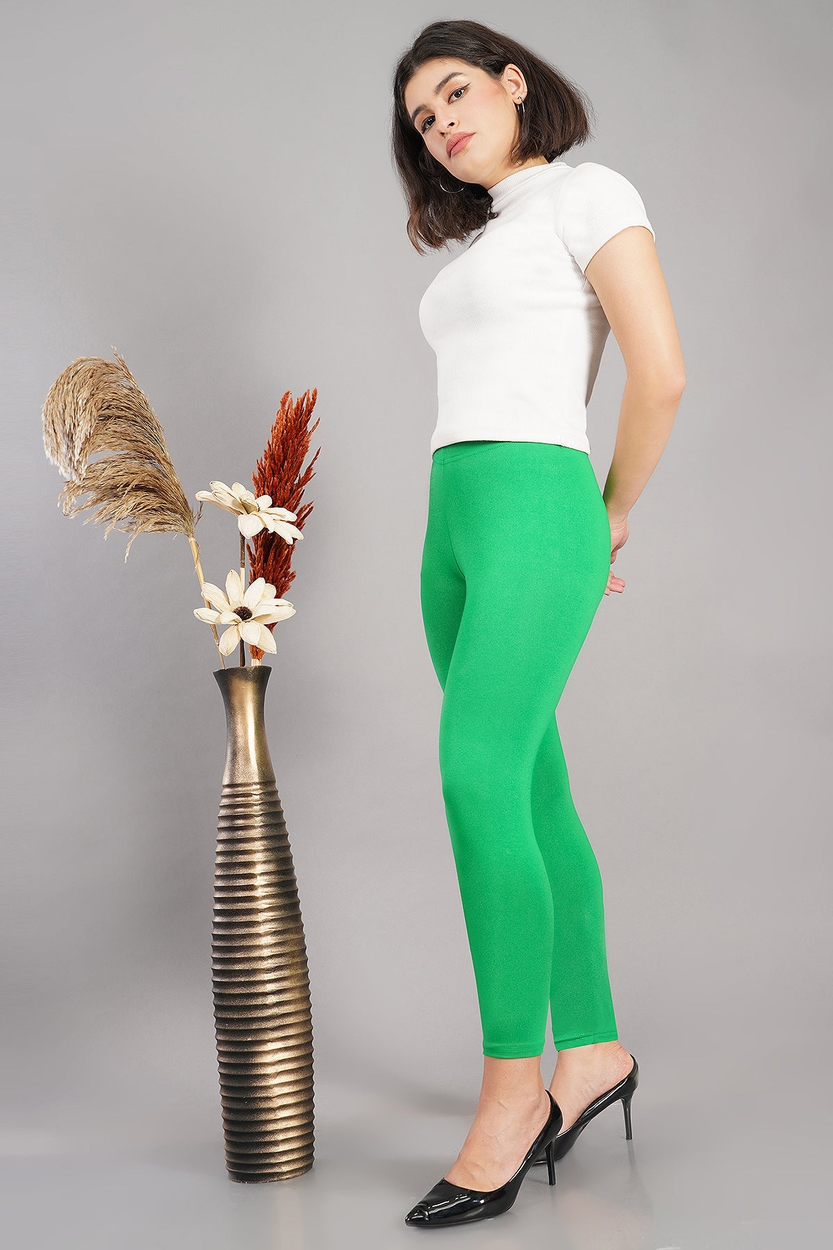 Shruthi Ankle Length Leggings with elasticated Waist||JADE GREEN