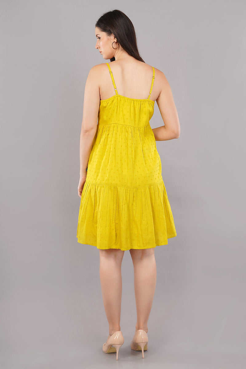 Yellow Self Design Strappy Short Dress