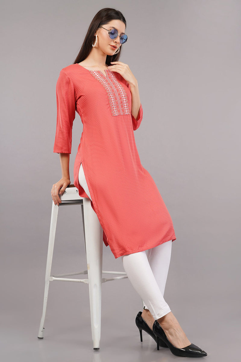 Embroidered Notched-Neck Straight Kurta