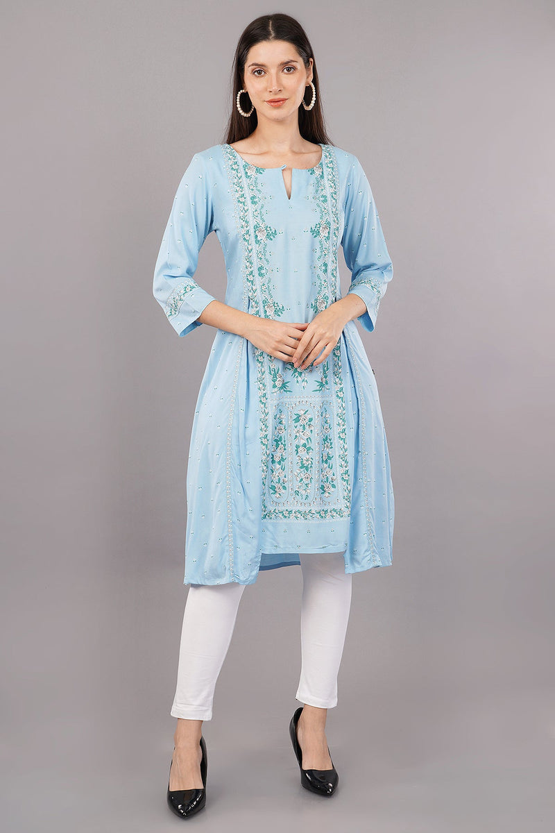 Blue Glitter Printed A-Line kurta