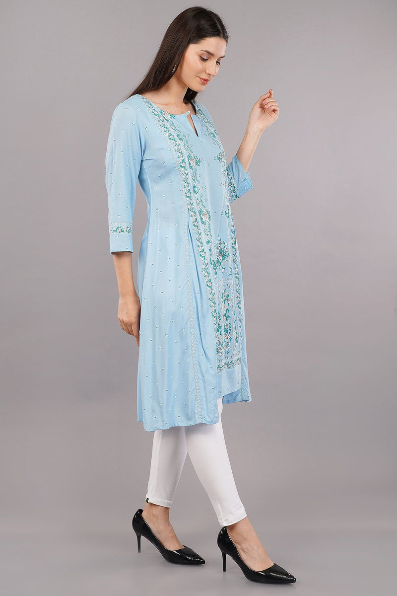 Blue Glitter Printed A-Line kurta