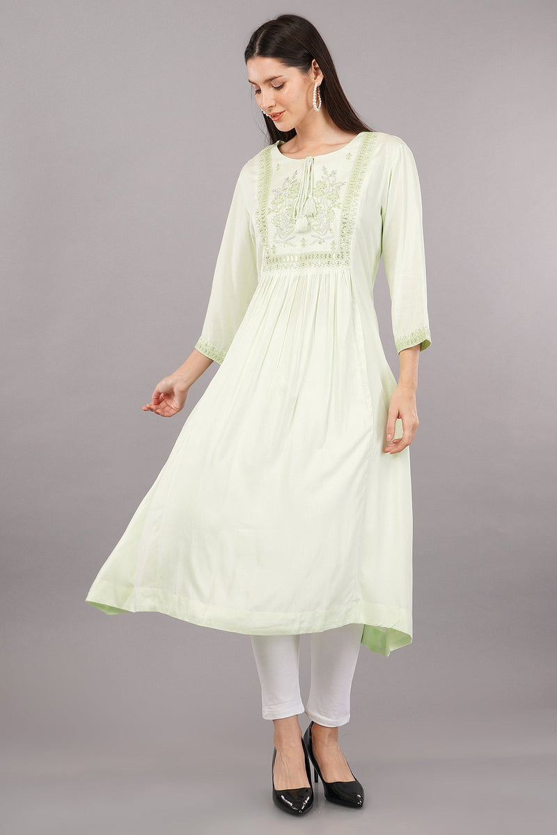 Women's Green Viscose Embroidered Kurta