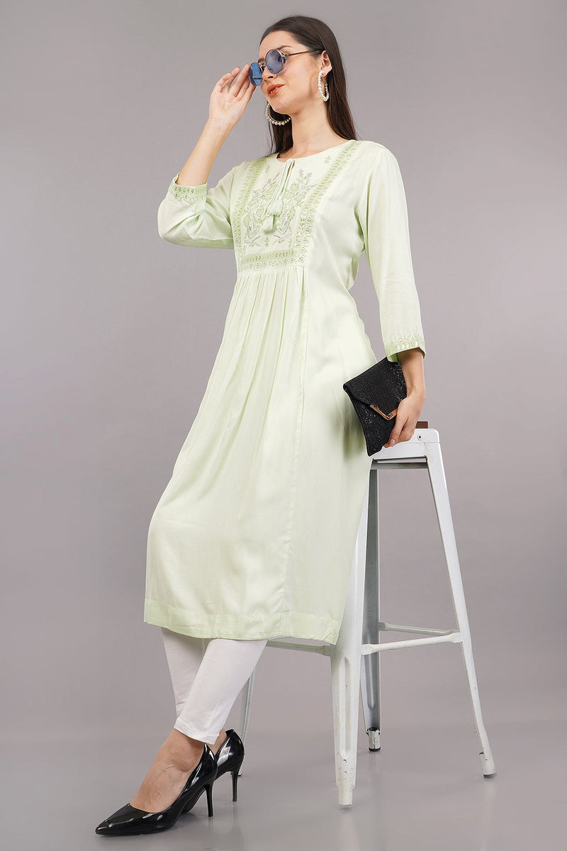 Women's Green Viscose Embroidered Kurta