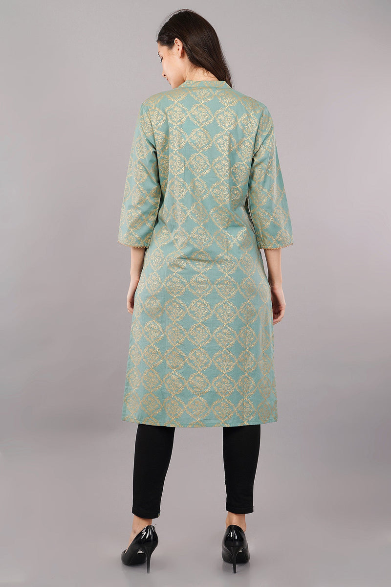 Green Print Ethnic Mandarin 3/4th Sleeves Knee Length Women Regular Fit Kurta