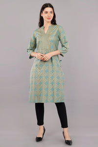 Green Print Ethnic Mandarin 3/4th Sleeves Knee Length Women Regular Fit Kurta