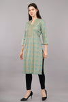 Green Print Ethnic Mandarin 3/4th Sleeves Knee Length Women Regular Fit Kurta