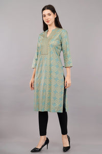 Green Print Ethnic Mandarin 3/4th Sleeves Knee Length Women Regular Fit Kurta