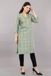 Green Print Ethnic Mandarin 3/4th Sleeves Knee Length Women Regular Fit Kurta