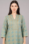 Green Print Ethnic Mandarin 3/4th Sleeves Knee Length Women Regular Fit Kurta