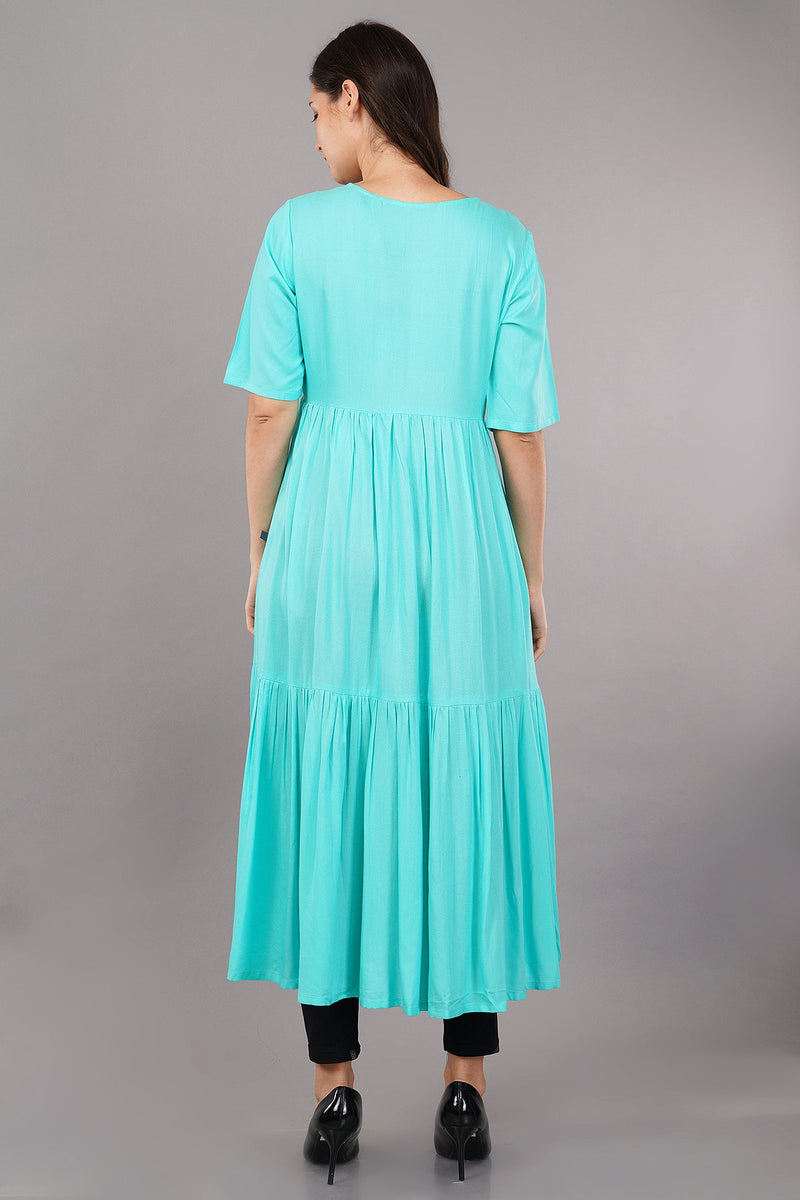 Sea Green LIVA Tiered Dress with Round Neckline