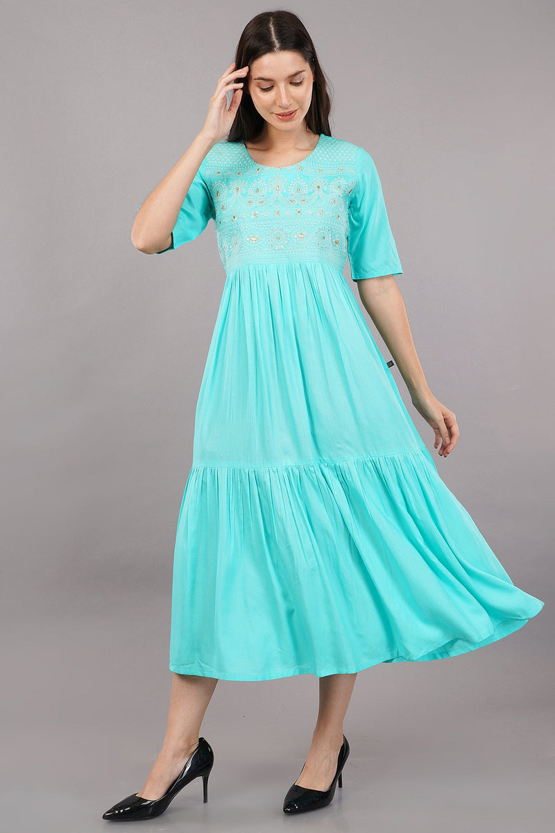 Sea Green LIVA Tiered Dress with Round Neckline