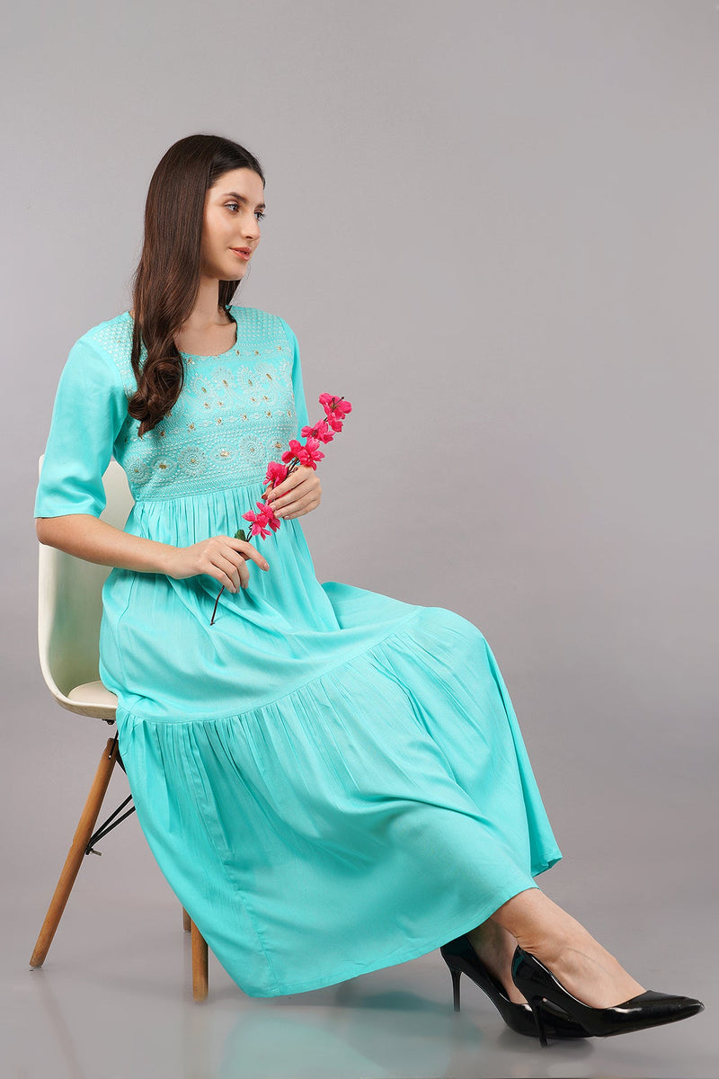 Sea Green LIVA Tiered Dress with Round Neckline