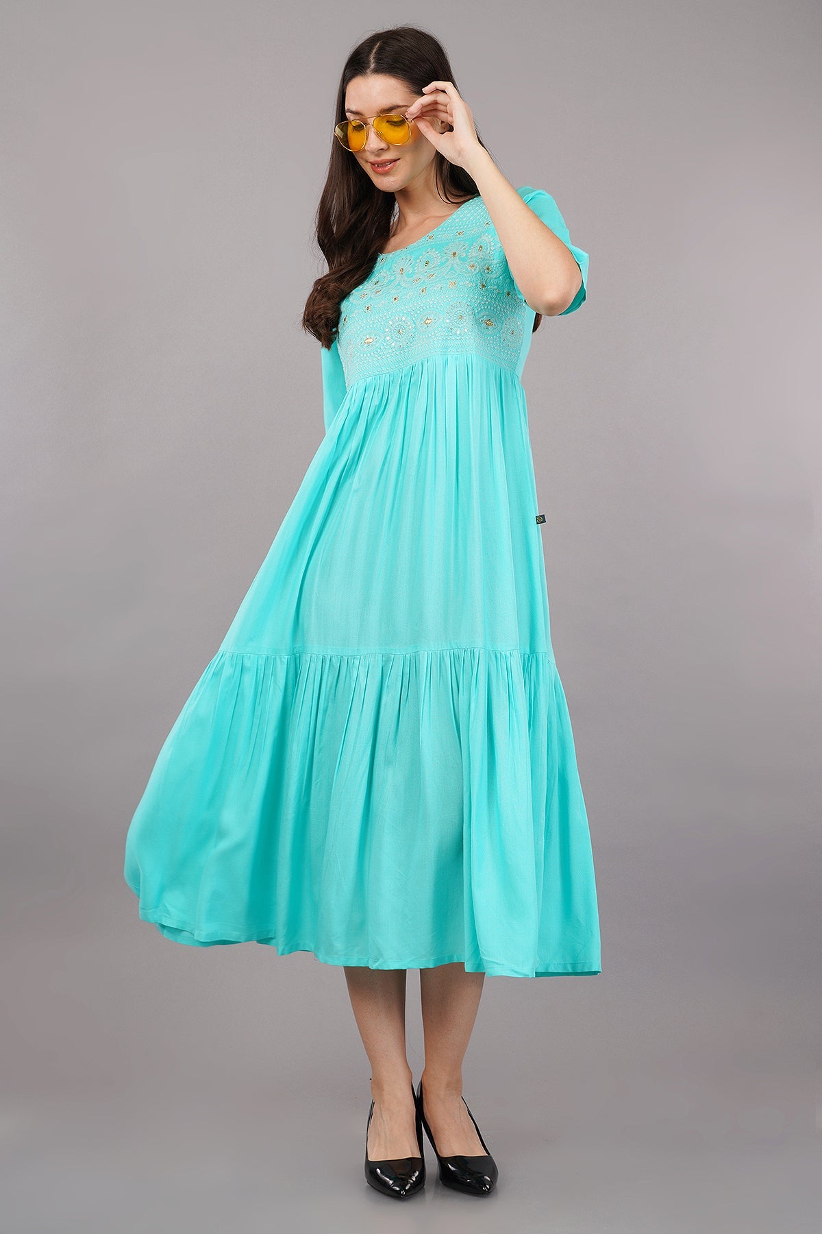 Sea Green LIVA Tiered Dress with Round Neckline