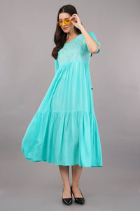 Sea Green LIVA Tiered Dress with Round Neckline