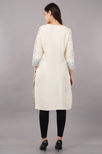 WOMEN OFF-WHITE RAYON FLORAL PRINTED STRAIGHT KURTA