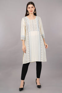 WOMEN OFF-WHITE RAYON FLORAL PRINTED STRAIGHT KURTA