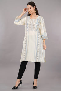 WOMEN OFF-WHITE RAYON FLORAL PRINTED STRAIGHT KURTA