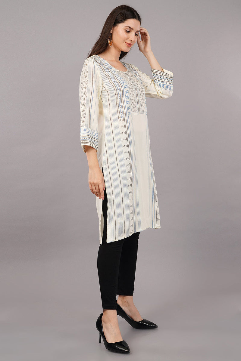 WOMEN OFF-WHITE RAYON FLORAL PRINTED STRAIGHT KURTA