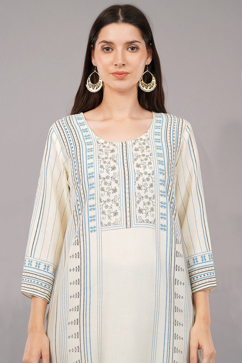 WOMEN OFF-WHITE RAYON FLORAL PRINTED STRAIGHT KURTA