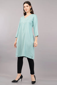 V-Neck Straight Kurta with Embroidered Neckline