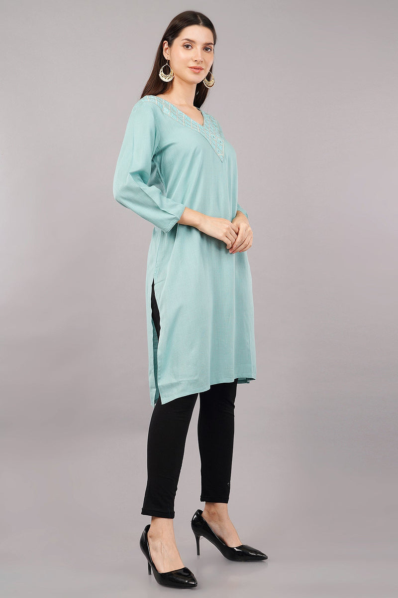 V-Neck Straight Kurta with Embroidered Neckline