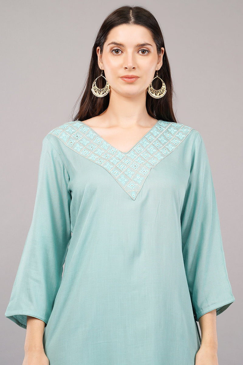 V-Neck Straight Kurta with Embroidered Neckline