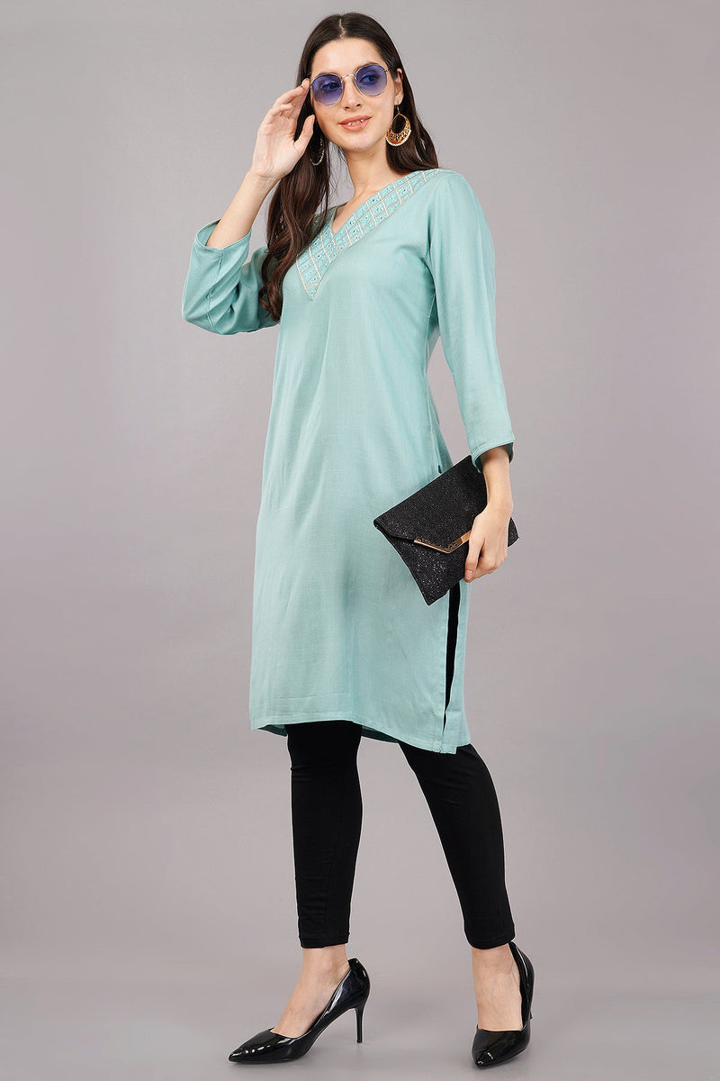 V-Neck Straight Kurta with Embroidered Neckline