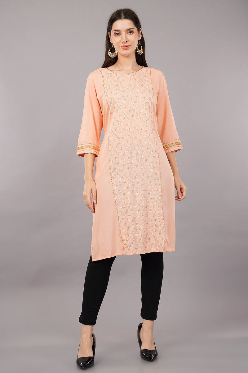 Women's Peach Viscose Embellished Kurta