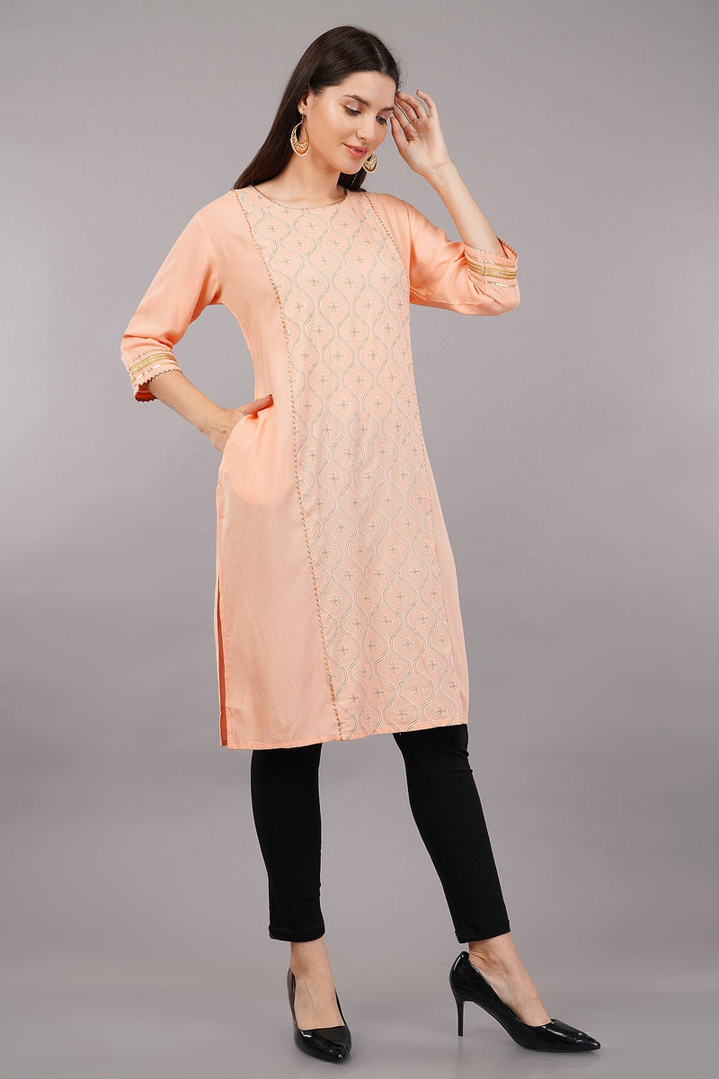 Women's Peach Viscose Embellished Kurta