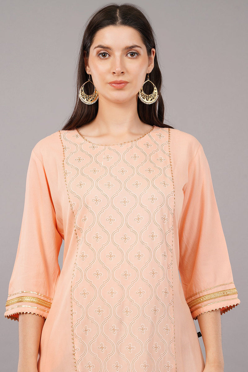 Women's Peach Viscose Embellished Kurta