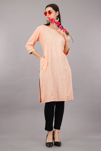 Women's Peach Viscose Embellished Kurta