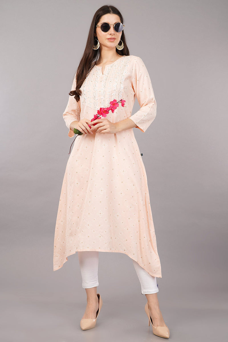 Women's Peach Viscose Embroidered Kurta